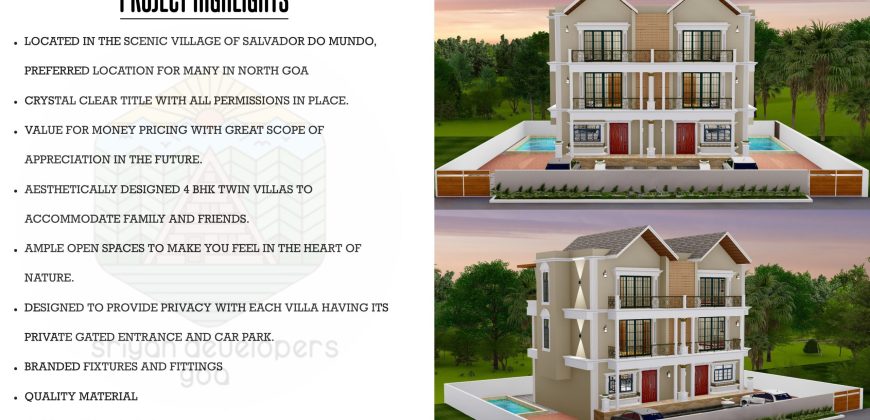 4 BHK Un Furnished Twin Villa For Sale At SALVADOR DO MUNDO Goa